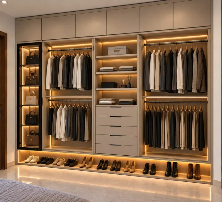 Diseño de vestidor con iluminación LED, barras para ropa, cajonera y vitrina para bolsos