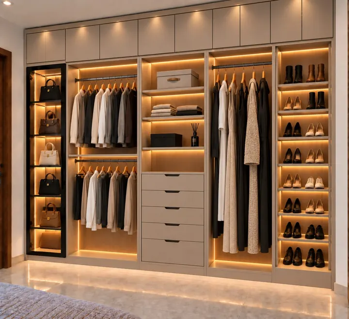 Diseño de vestidor con iluminación LED integrada, barras de ropa, cajonera y zapatera