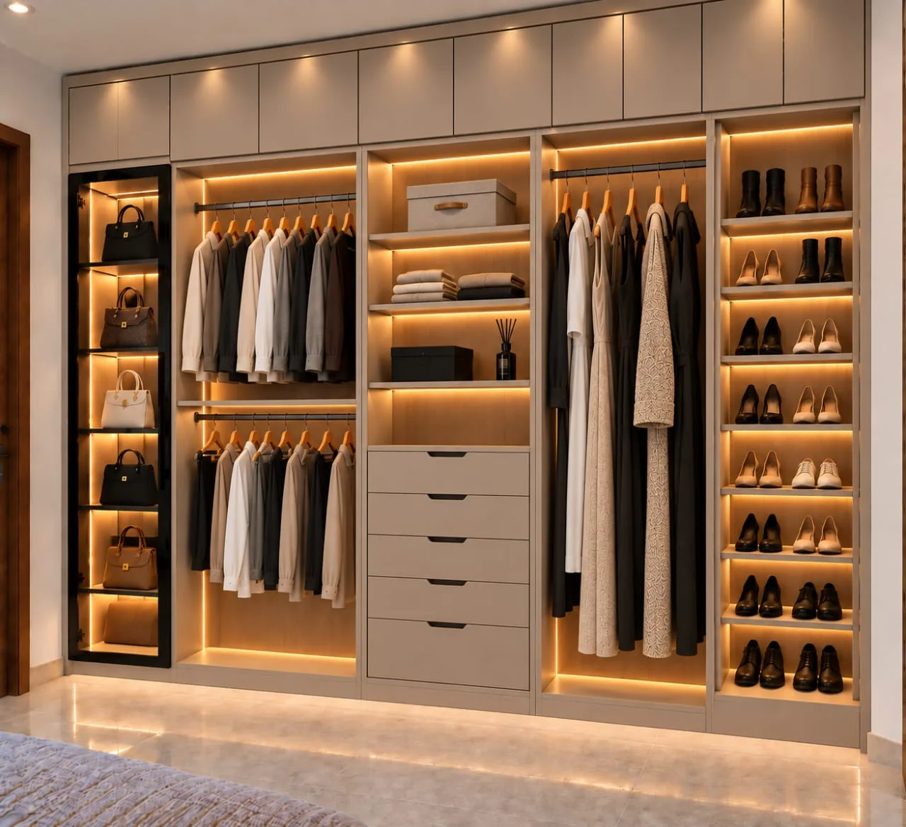 Diseño de vestidor a medida con iluminación LED, zapatera, cajonera y vitrina para bolsos