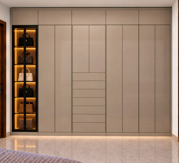 Diseño de closet de piso a techo con vitrina iluminada para bolsos y cajonera central