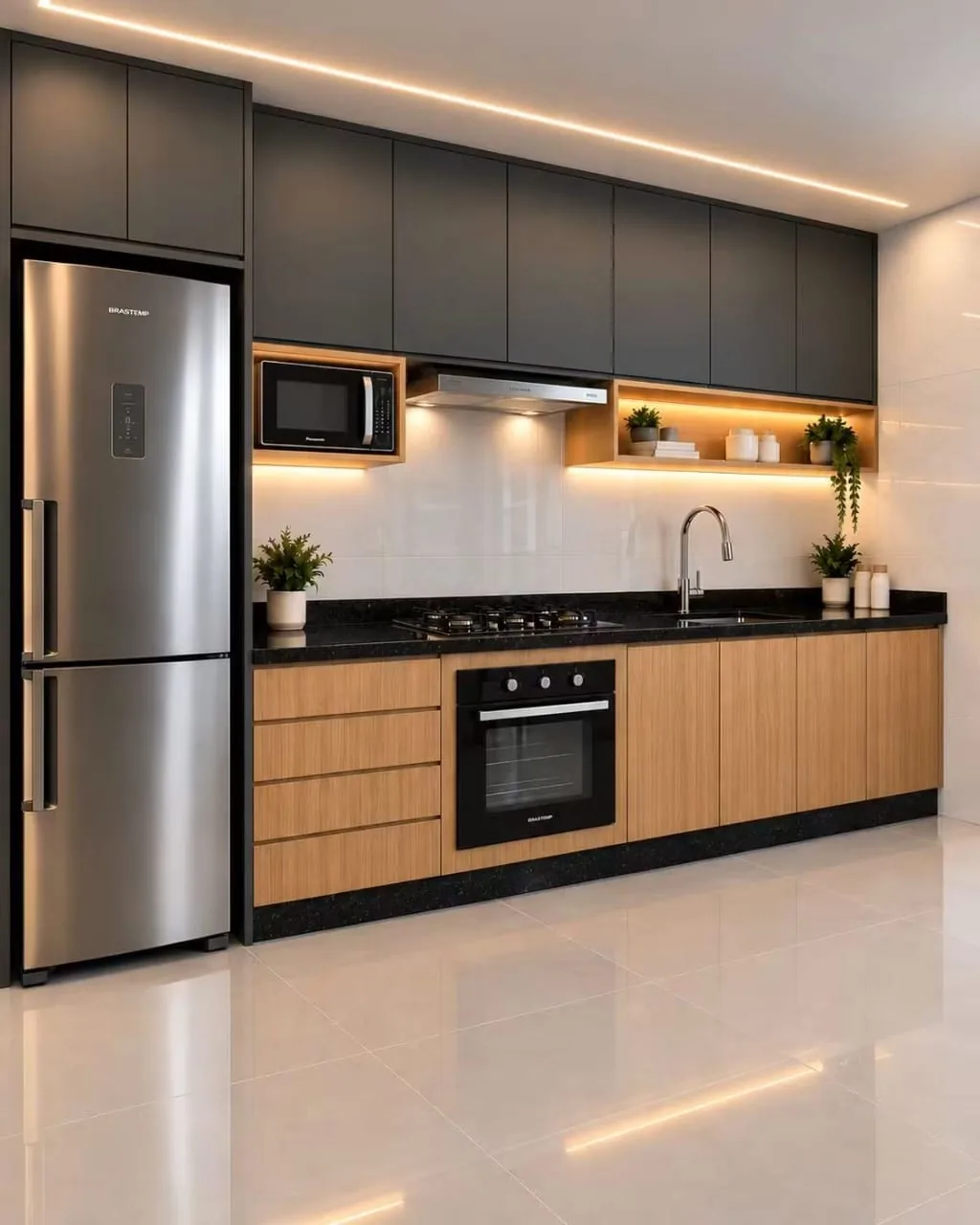 Diseño de cocina integral a medida en grafito mate y madera con iluminación LED cálida