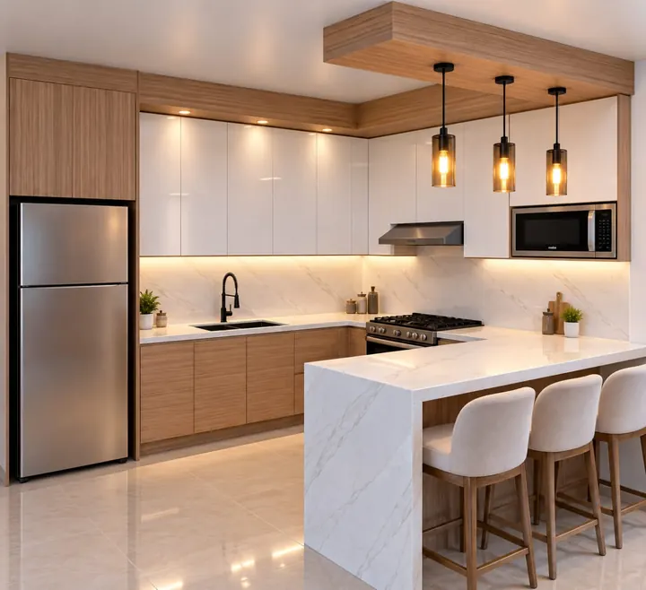 Diseño de cocina en roble y blanco alto brillo con lámparas colgantes y barra