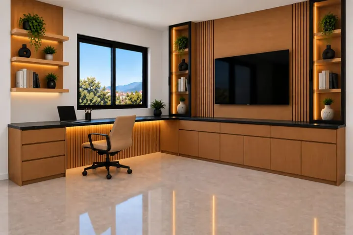 Diseño de oficina en casa y centro de TV en madera nogal con repisas flotantes e iluminación LED