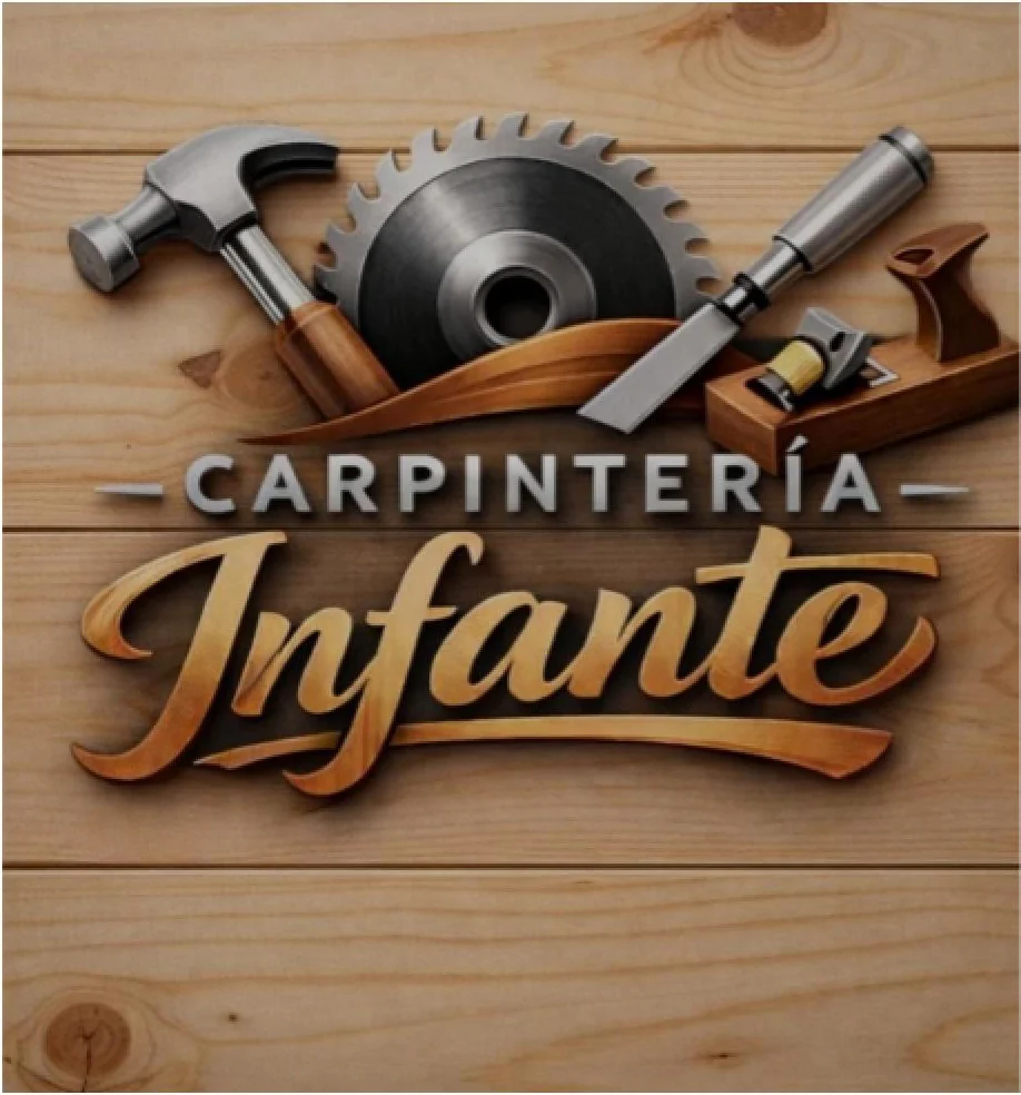 Sello de Carpintería Infante: martillo, sierra circular, formón y cepillo sobre madera de pino
